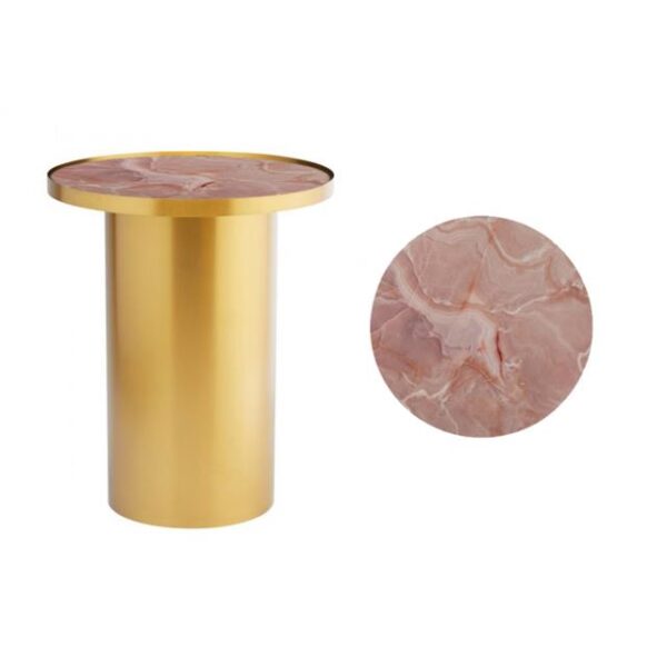 Cylinder Side Table - Gloss Brass With Pink Marble Insert