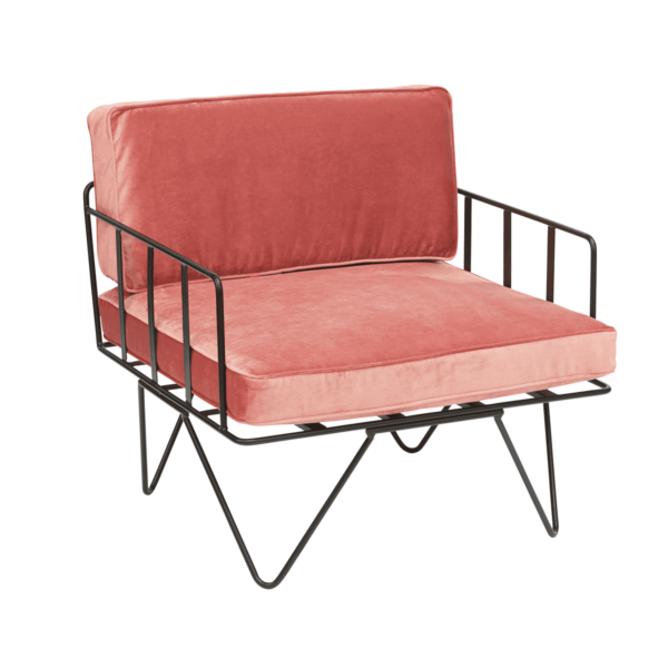 Linear-Wire-Single-Seater-Chair-Black-with-Pink-Velvet-9069p Linear Wire Single Seater Chair - Black With Pink Velvet Cushions