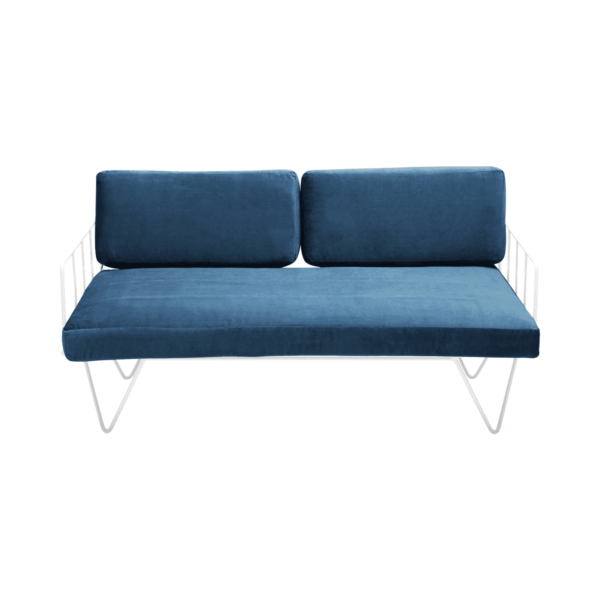 Linear Wire 2 Seater Sofa Lounge  - White With Blue Velvet Cushions
