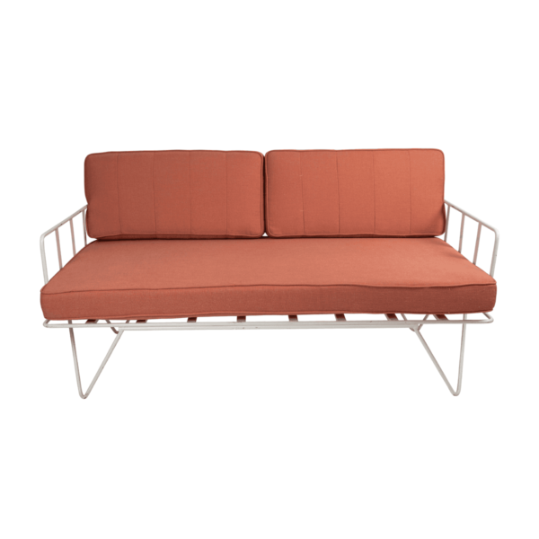 Linear Wire 2 Seater Sofa Lounge  - White With Coral Pink Cushions