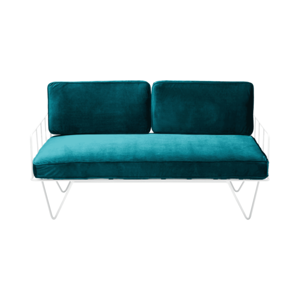 Linear Wire 2 Seater Sofa Lounge  - White With Emerald Velvet Cushions