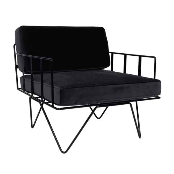 Linear Wire Single Seater Chair - Black With Charcoal Velvet Cushions