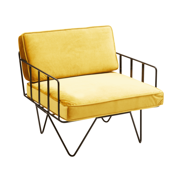 Linear Wire Single Seater Chair  - Black With Cognac Velvet Cushions