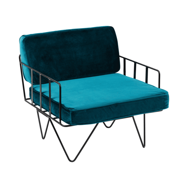 Linear Wire Single Seater Chair  - Black With Emerald Green Velvet Cushions