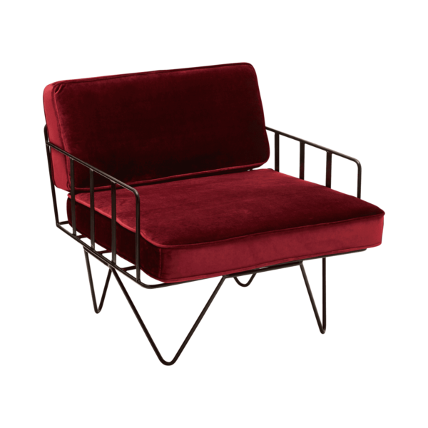 Linear Wire Single Seater Chair - Black With Oxblood Velvet Cushions