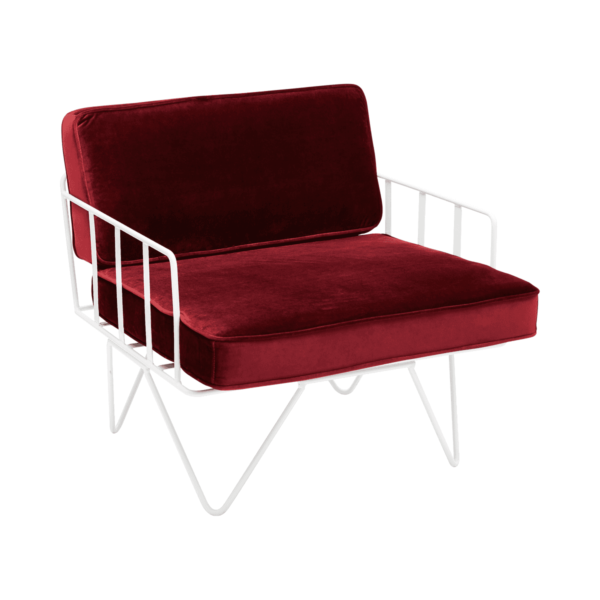 Linear-Wire-Single-Seater-Chair-White-with-Oxblood-Velvet-9087p Linear Wire Single Seater Chair - White With Oxblood Velvet Cushions