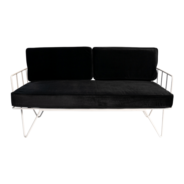 HS-dec-product-47 Linear Wire 2 Seater Sofa Lounge - White With Black Velvet Cushions
