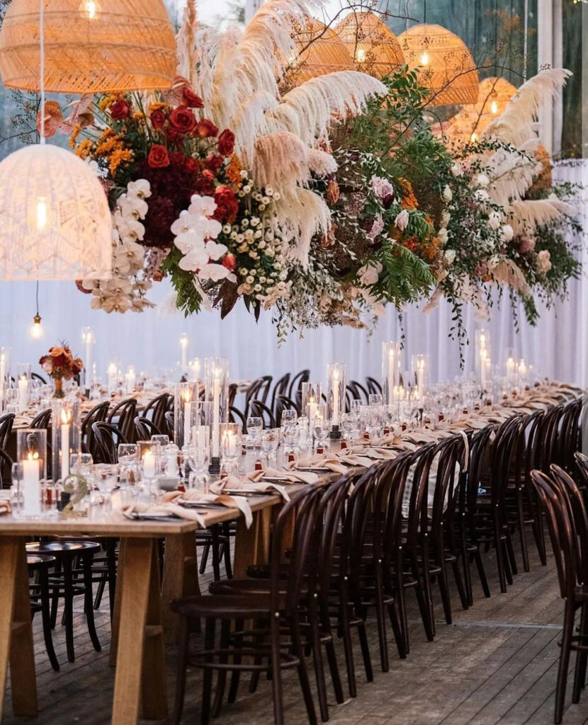 Winter wedding large overhead flower installation 