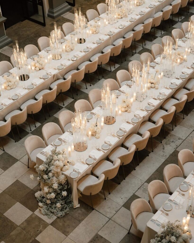 Birdseye view of winter wedding table and chairs