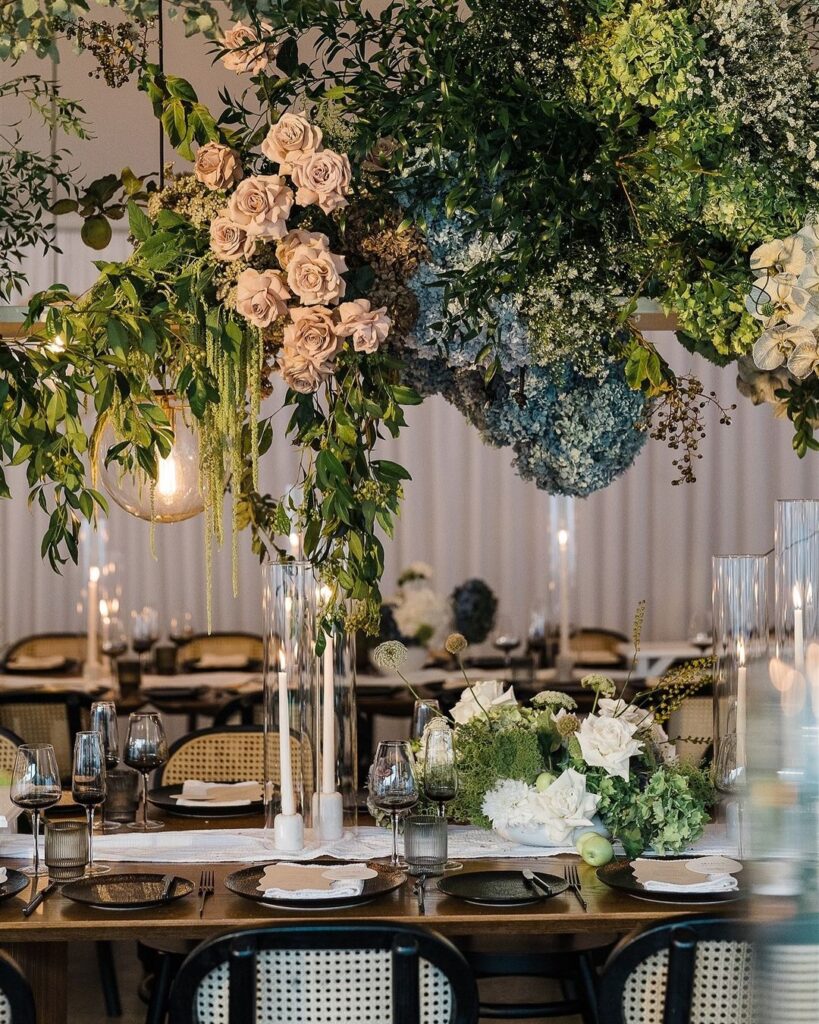 Overhead flower installation for winter wedding 
